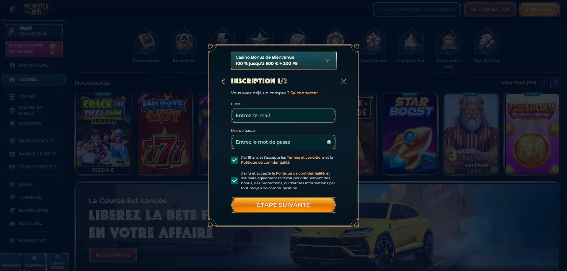 Registrazione account Monsterwin Casino Italy &mdash; modulo iscrizione