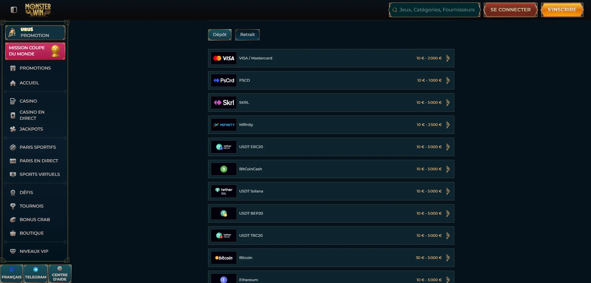 Metodi di pagamento Monsterwin Italy &mdash; depositi e prelievi rapidi