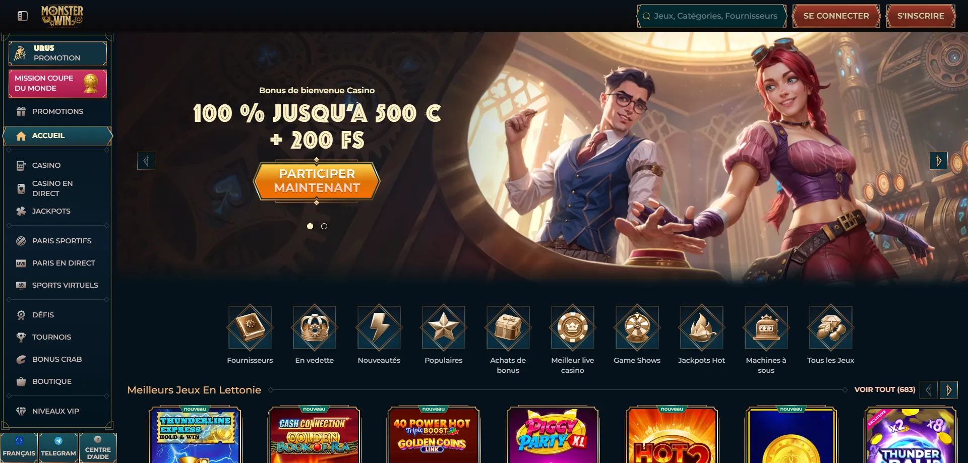 Panoramica del casin&ograve; Monsterwin Italy &mdash; homepage e offerta principale